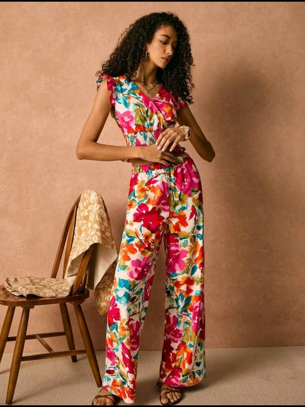 SHEIN Pink Multi Floral Wide-Leg Pants & Smocked Crop Top Set